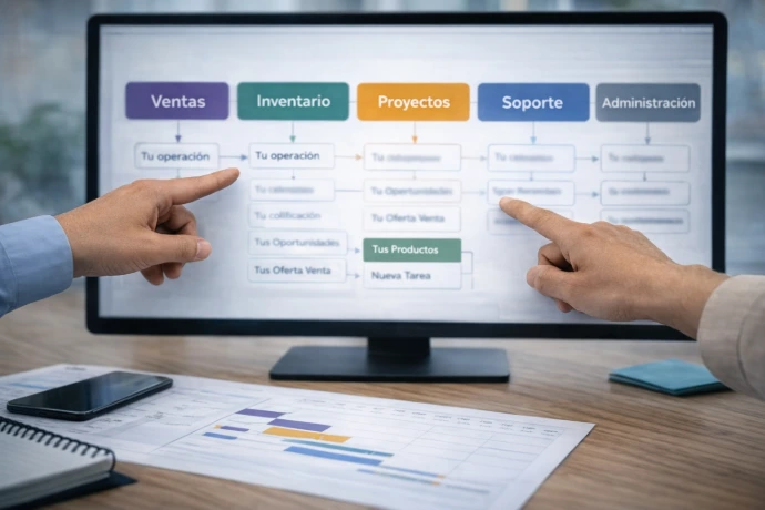 Flujos operativos reales integrando ventas, inventarios, proyectos y soporte en Odoo.